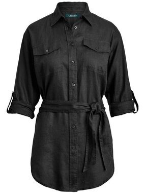 Lauren Ralph Lauren Black Button-Front Belted Tunic Top 100% Linen 2X